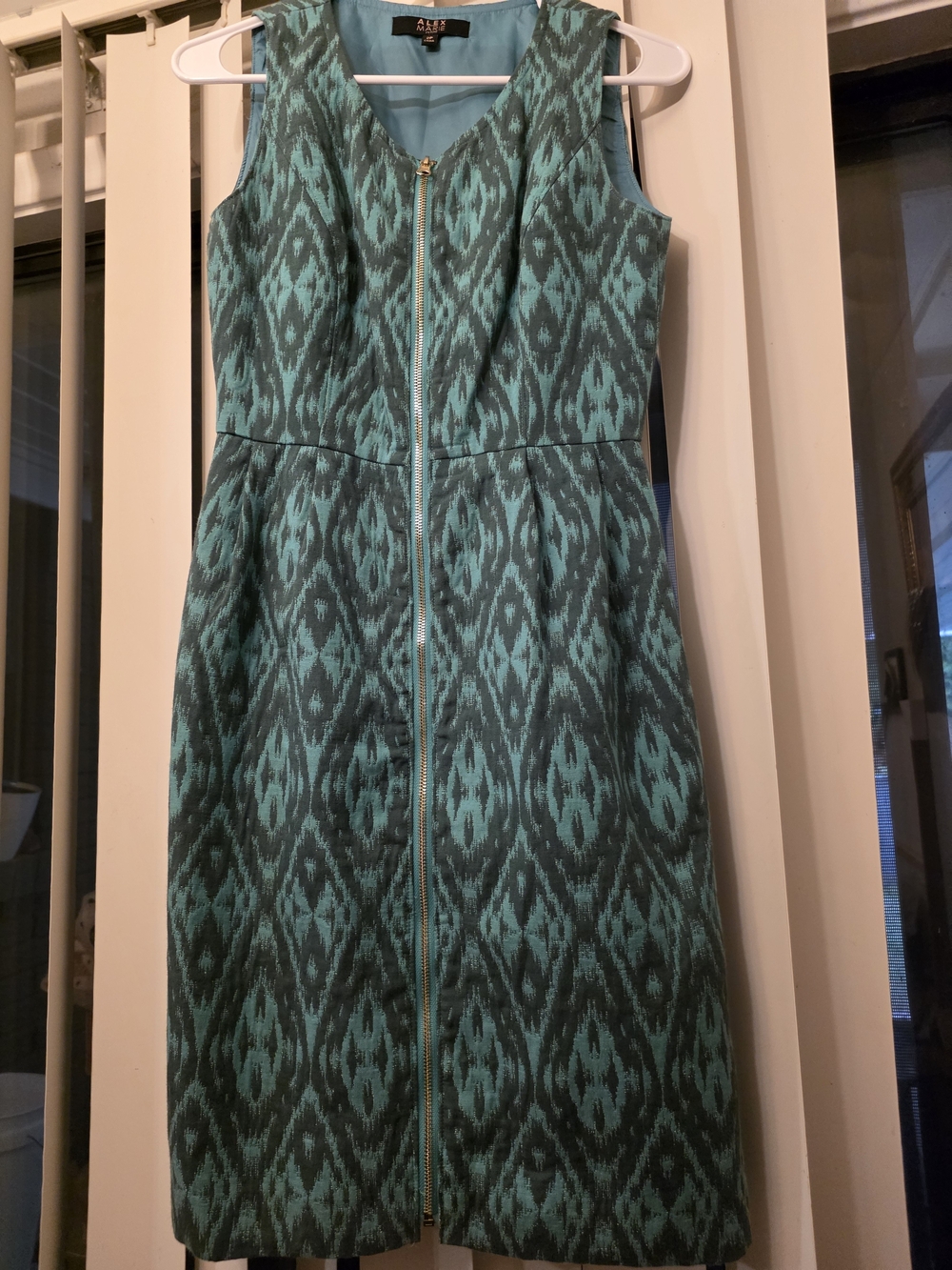Alex Marie Teal Ikat Zip-Front Midi Dress Business Casual Cocktail Classic